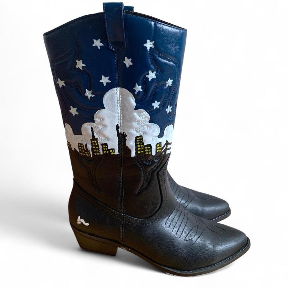 Cityscape Cowboy Boots with Starry Night Design
